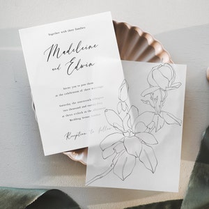 Printable wedding invitation template with vellum overlay, One line floral illustration, Vellum cover invitation bundle with calligraphy