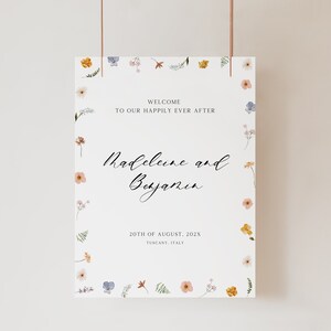 Floral Wedding Welcome Sign Template, Printable Reception Signage with Wildflowers and Calligraphy Font, Edit in Corjl