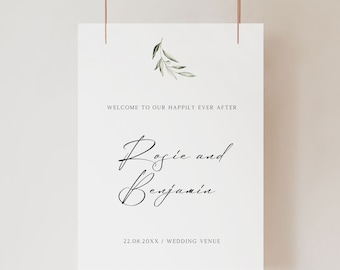 Minimalist Wedding Welcome Sign Template with Watercolor Greenery, Reception Welcome Signage with Watercolor Olive Branch
