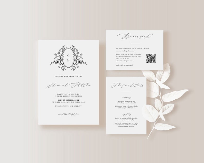 Elegant Wedding Invitation Template Suite with Floral Wedding Crest, Modern Wedding Printables image 1