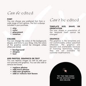 May include: A white background with black text that reads 'Can be edited' and 'Can't be edited.' The text describes the editable and non-editable features of a template. The editable features include font, colors, and photos, graphics, or text. The non-editable features include template size, shape, or orientation and graphics. The text also includes a call to action to 'Try the free demo in the description box below.'