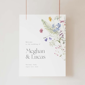 Floral wedding welcome sign template, Reception signage with watercolor meadow wildflowers, Instant download, Edit in Corjl