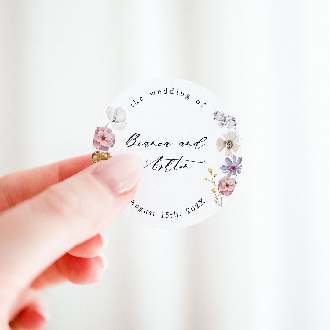 Printable Wedding Stickers Template With Delicate Flowers, Round Floral ...