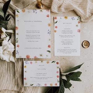 Modèle de suite de faire-part de mariage fleurs sauvages, ensemble d'invitations de mariage printanier