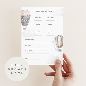 Jeu de prédictions et de conseils pour baby shower à imprimer avec des montgolfières, jeux de baby shower, vœux pour les futurs parents, modèle pour bébé