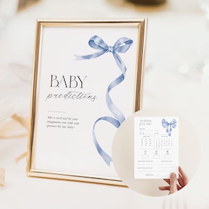 Modèle imprimable d'enseigne et de carte de baby shower avec noeud bleu, élégante enseigne de prédictions de bébé et cartes avec ruban bleu, édition Corjl