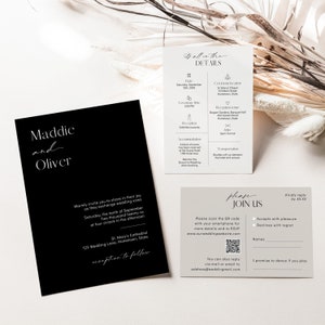 Puede incluir: Una invitación de boda en blanco y negro con los nombres Maddie y Oliver. La invitación incluye la fecha, la hora y el lugar de la ceremonia y la recepción. También incluye un código QR para que los invitados puedan confirmar su asistencia.