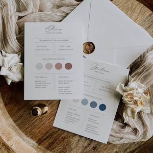 Kaartsjabloon bruiloft info voor bruidsmeisjes en bruidsjonkers, afdrukbare info bruidsfeest, moderne minimalistische infographic, Instant Download