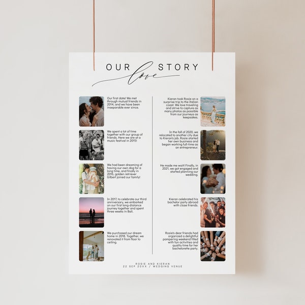 Unsere Liebesgeschichte Hochzeitsschild Vorlage mit Fotos, Hochzeitsfeier Liebesreise Beschilderung, bearbeitbare druckbare Sofortiger Download