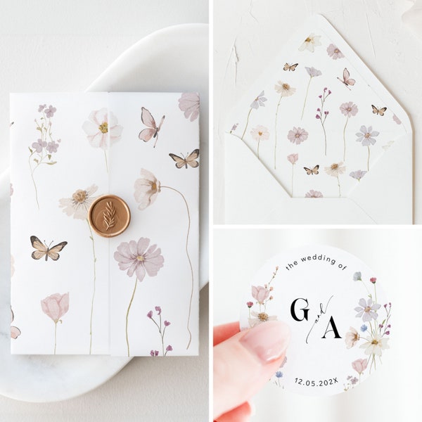 Printable Envelope Liner, Favor Sticker & Vellum Wrap Template Set, Floral Vintage Wedding Bundle, Spring Floral Vellum Jacket, Round Tag