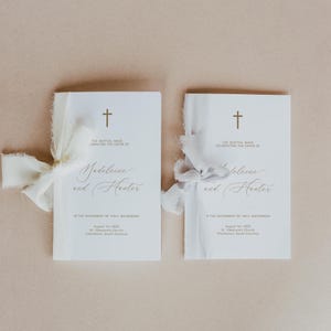 カトリックの結婚式プログラム小冊子テンプレート、ミニマリストの結婚式の儀式の順序、結婚式の十字架を備えたモダンな結婚式プログラムテンプレート