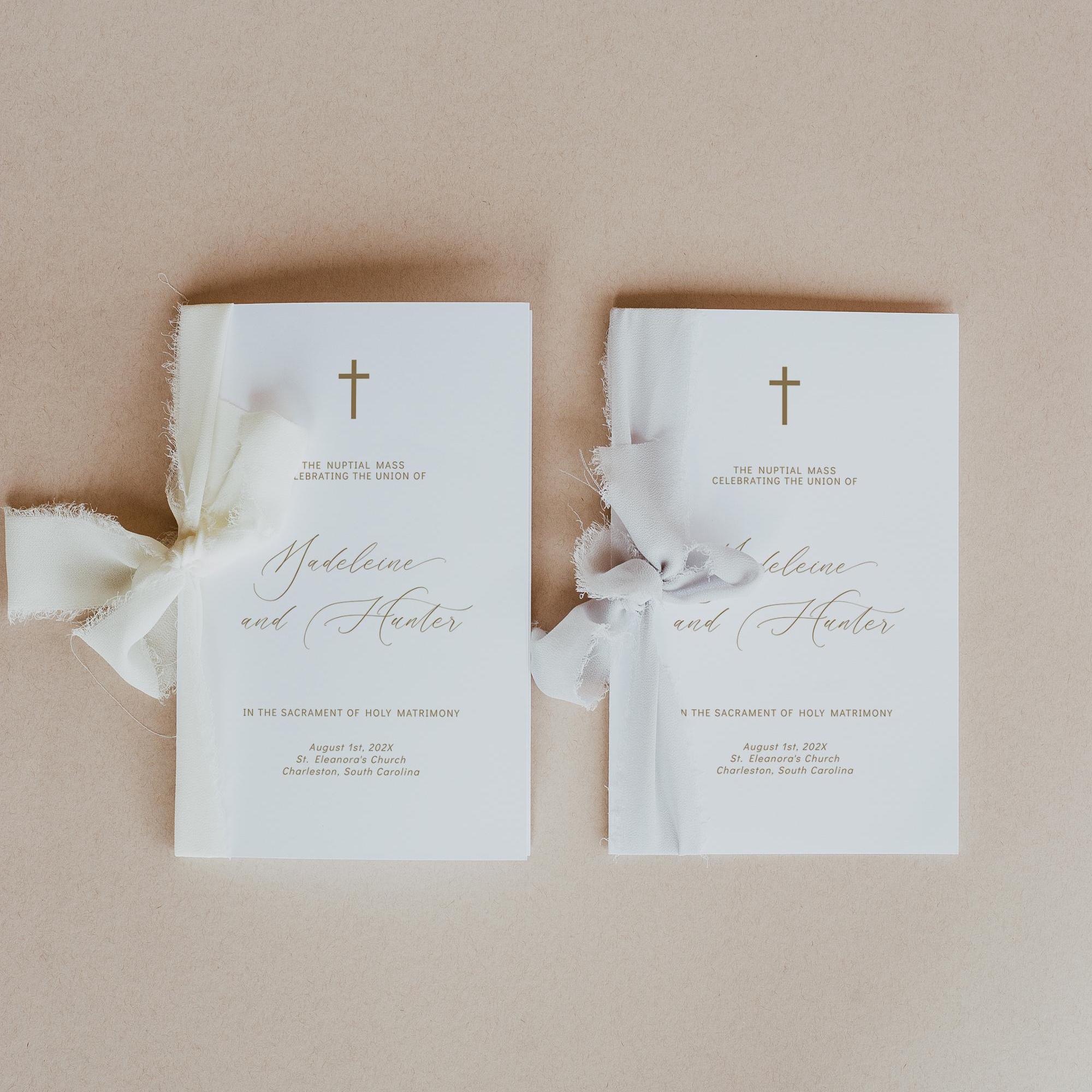 Catholic wedding ceremony program booklet template, Minimalist wedding order of service, Modern wedding program template with wedding cross
