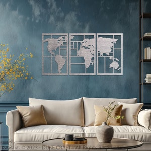 Unique decor for Living room, 3 Panels Wooden World Map Wall Art, Perfect Wall Decor for Office or class room with modern Map Continent Art