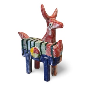 Groovy Ceramic Goat Sculpture: Colorful Striped Art, Signed