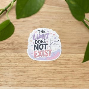 May include: A die-cut sticker featuring the text THE LIMIT DOES NOT EXIST in purple and pink lettering. The design includes a small mathematical graph showing a limit function, surrounded by tiny stars and hearts on a light cloud-like background.