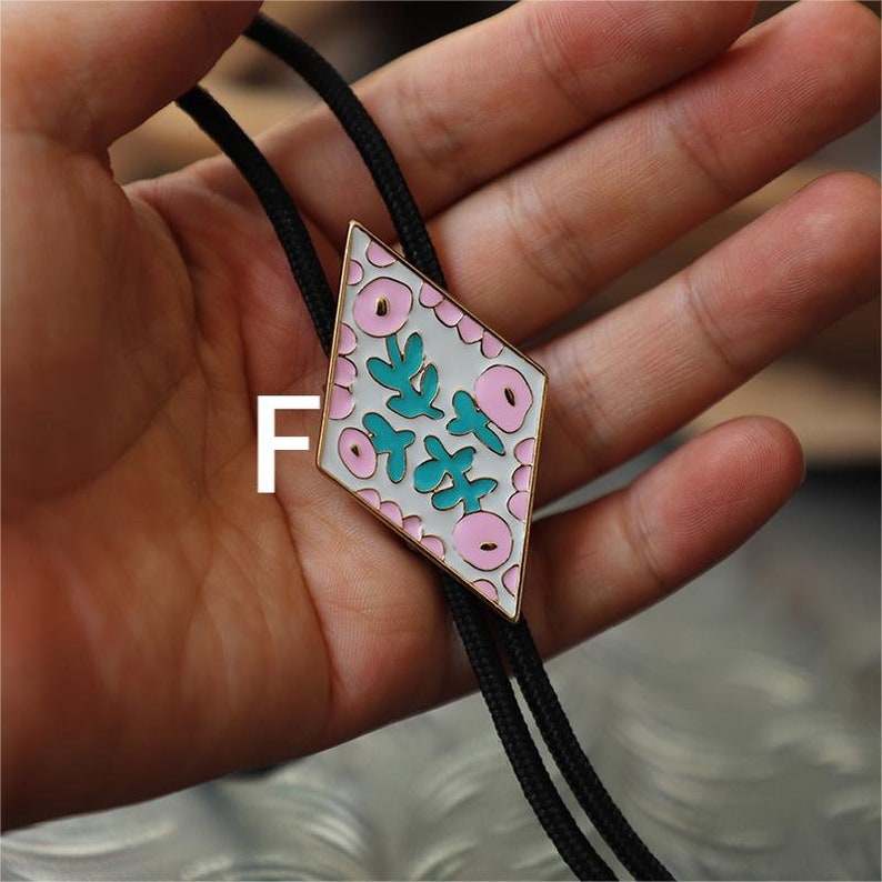 Colorful Small Flower Retro Rhombus Bolo Tie F soft rope