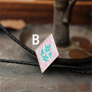 Colorful Small Flower Retro Rhombus Bolo Tie B leather rope