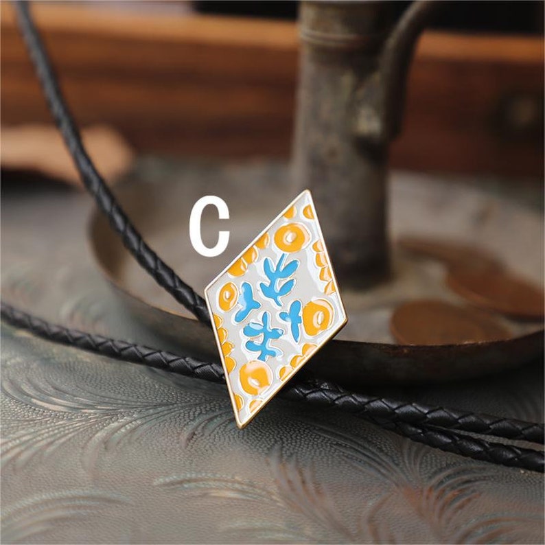 Colorful Small Flower Retro Rhombus Bolo Tie C leather rope