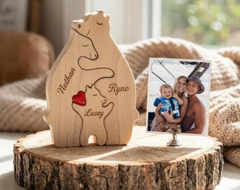 Rompecabezas de madera personalizado con forma de familia de osos - Figuras de animales con nombres personalizados - Regalo para el Día de la Madre - Decoración para el hogar y el escritorio - Recuerdo