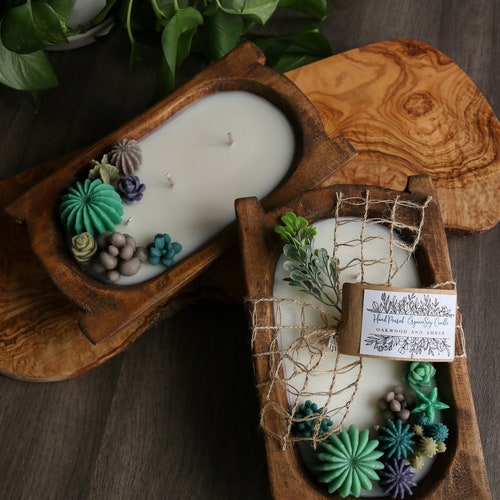 Succulent Candle Wood Bowl Candle Dough Bowl Candle Etsy