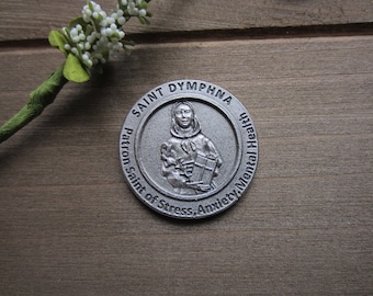 Saint Dymphna Pocket Coin w/ Prayer Cards & Gift Bag, Patron Mental Health/Anxiety/Depression, Catholic Devotional Gift, Men Women