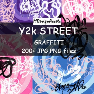 May include: A digital illustration of a collection of abstract graffiti designs in black, white, pink, blue, and purple. The text "Y2K STREET GRAFFITI 200+ JPG,PNG files" is displayed on the image.