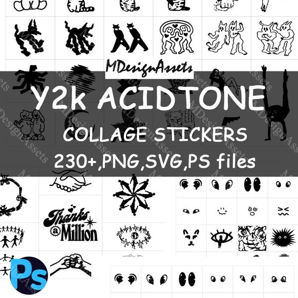 Y2k ACIDTONE Stickers, Art Collage Assets, AI&PNG files free background, Collage Bundles, Digital Assets, y-9