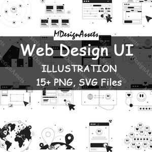 May include: A set of 15+ black and white web design UI illustrations, including icons for a website, a globe, a location pin, a smiley face, a heart, and a star rating. The illustrations are in a simple, modern style and are perfect for use in web design, mobile app design, and other digital projects.