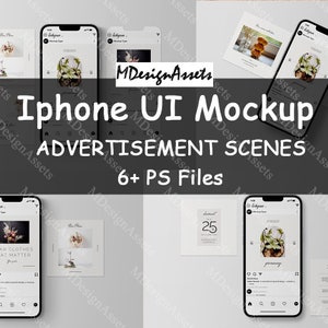 May include: Mockup of six different iPhone screens displaying various designs. The screens feature a range of content, including photos, text, and graphics. The screens are arranged in a grid pattern on a white background.