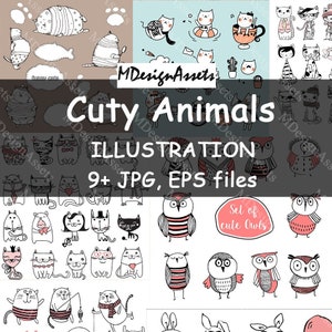 Cartoon Tiere Handzeichnung Stil Illustration, Kunst Collage Objekte, AI & PNG Dateien freier Hintergrund, Collage Bundles, Digitale Objekte, k-8
