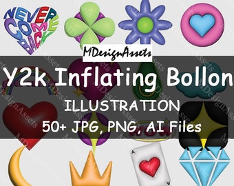 Y2k Inflating Balloon Stickers, Illustration, Art Collage Assets, 50+ JPG,AI,PNG files free background Collage Bundles, Digital Assets, y-15