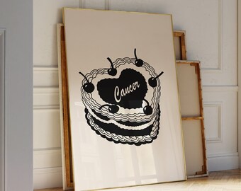 Cancer Cake Poster, Retro Cake Aesthetic Art , Minimalistic Black Wall Art, Zodiac Gifts, Living Room Trendy Decor  INSTANT DOWNLOAD