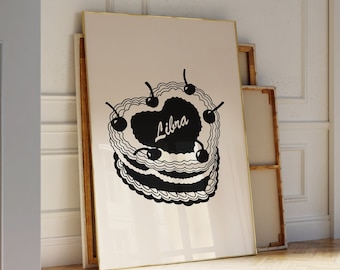 Libra Cake Poster, Retro Cake Aesthetic Art , Minimalistic Black Wall Art, Zodiac Gifts, Living Room Trendy Decor  INSTANT DOWNLOAD