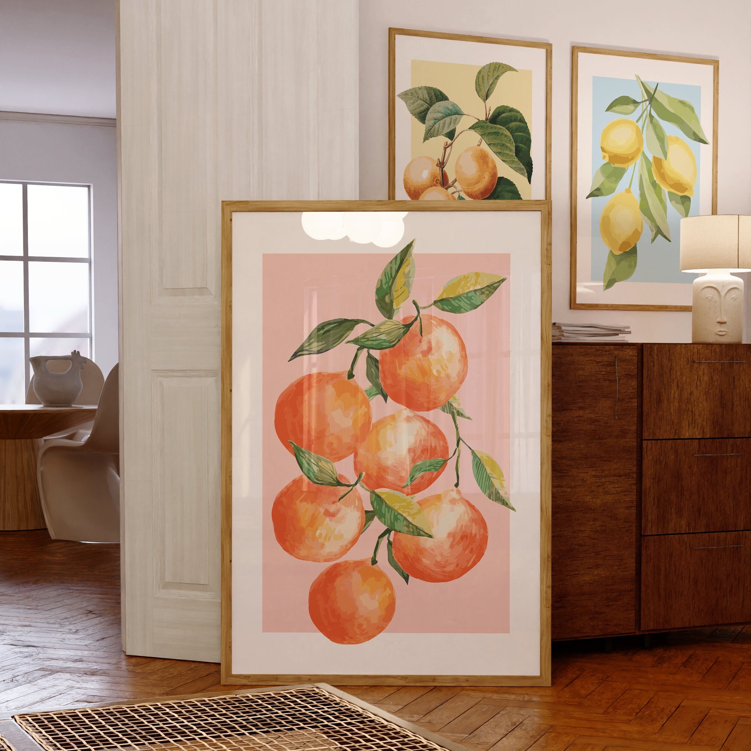 Mandarine Sommer Früchte druckbare Wandkunst, Trendige Pastell Poster Kunst, Stillleben Kunstdruck, Rosa Ästhetische Wohnkultur SOFORTIGER DOWNLOAD