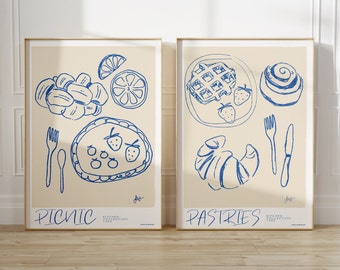 2er Set Küche Vintage Foodie druckbare Wandkunst, trendige minimalistische Posterkunst, Stillleben-Linie neutrale Wohnkultur SOFORTIGER DOWNLOAD
