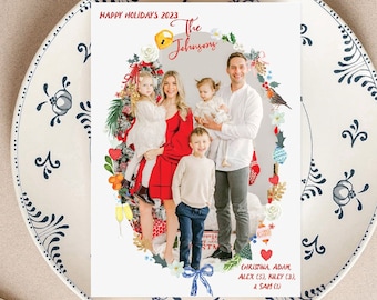 Custom Watercolor Holiday Photo Card - Whimsical Wreath with Tailored Emblems - Personalized Family Portrait - Printable Christmas Design