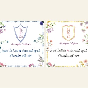 Custom Watercolor Square Save The Date - Wildflower Dotted Border With Date Crest - Perfect for a Destination Wedding