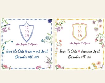 Custom Watercolor Square Save The Date - Wildflower Dotted Border With Date Crest - Perfect for a Destination Wedding