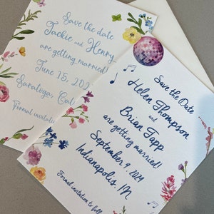 two examples of past watercolor save the dates