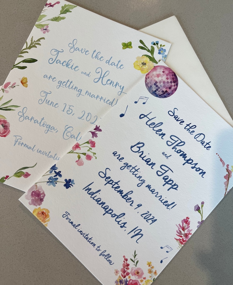 two examples of past watercolor save the dates