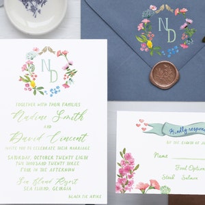 Custom Quirky Wedding Invitations - Floral Watercolor Crest - Printable Digital or Printed Set - Personalized Invite Suite with RSVP