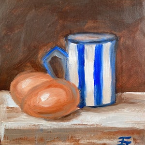 Extra Large Eggs & Coffee Mug | Original Still Life Painting Oil Art on Canvas Sheet