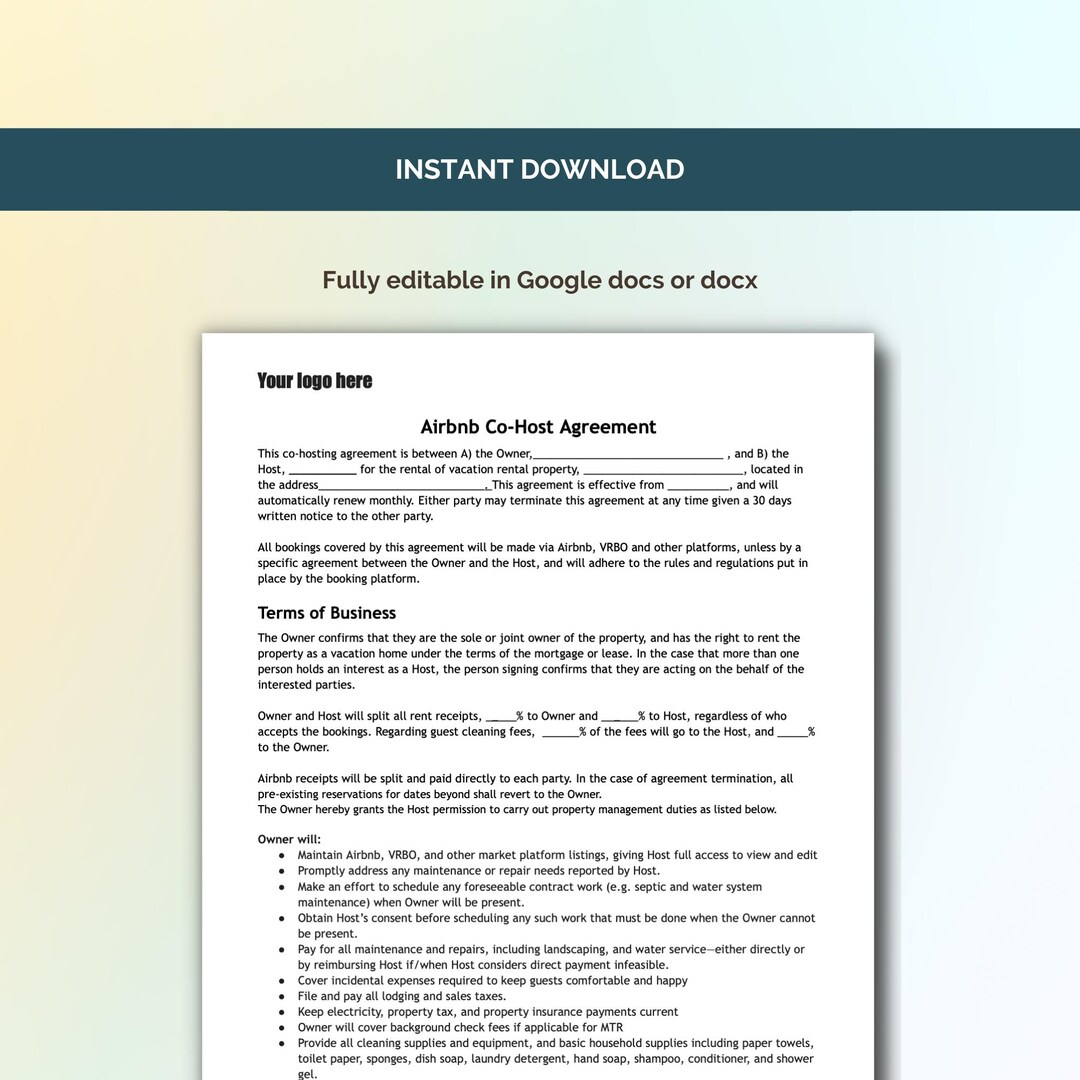 Airbnb Co-host Contract Template: Editable Property Manager Agreement ...
