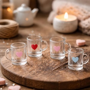 May include: Four small clear glass mugs with heart-shaped decals in red, pink, and blue are arranged on a wooden surface. The mugs have small handles and are surrounded by candles and decorative items, creating a cozy atmosphere.