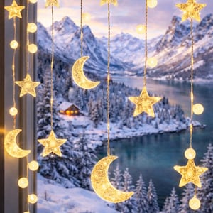 May include: String lights with star and crescent moon shapes hang in front of a snowy mountain landscape. The lights are warm white and create a cozy, festive atmosphere. The background features a lake and snow-covered trees.