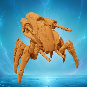 May include: A monochromatic orange sci-fi walker miniature featuring a central cockpit, four articulated multi-jointed legs, and two prominent side-mounted cannons. The vehicle has a smooth, curved exterior shell with visible paneling details.