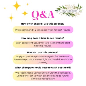 K&ouml;nnte beinhalten: Eine rosa und gelbe Grafik mit dem Text "Q&A" in gro&szlig;er Schrift. Die Grafik enth&auml;lt vier Fragen und Antworten zu einem Haarpflegeprodukt. Die Fragen lauten: Wie oft sollte ich dieses Produkt verwenden? Wie lange dauert es, bis Ergebnisse sichtbar werden? Wie verwende ich dieses Produkt? Welches Shampoo sollte ich verwenden, um das &Ouml;l auszuwaschen? Die Antworten lauten: Wir empfehlen 1-2 Mal pro Woche f&uuml;r beste Ergebnisse. Bei regelm&auml;&szlig;iger Anwendung dauert es 1-3 Monate, bis Ergebnisse sichtbar werden. Auf die Kopfhaut auftragen und 3 Minuten lang einmassieren. Das Produkt &uuml;ber Nacht einwirken lassen und morgens auswaschen. Wir empfehlen die Verwendung unseres Haarwuchs-Shampoos und -Conditioners, um das &Ouml;l auszuwaschen und das Haarwachstum weiter anzuregen!