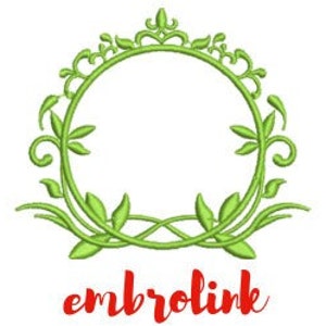 May include: Green floral embroidery design with a circular frame. The design features intricate swirls and leaves. The text "embrolink" is written in red below the frame.