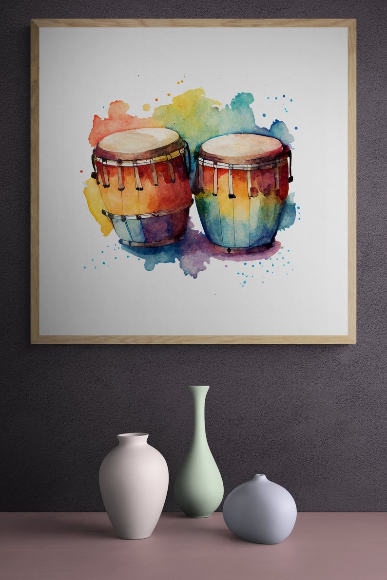 Bongo Drums Wall Art, Instrument Wall Art, Watercolor Wall Art