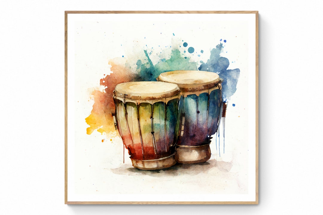 Bongo Drums Wall Art, Instrument Wall Art, Watercolor Wall Art